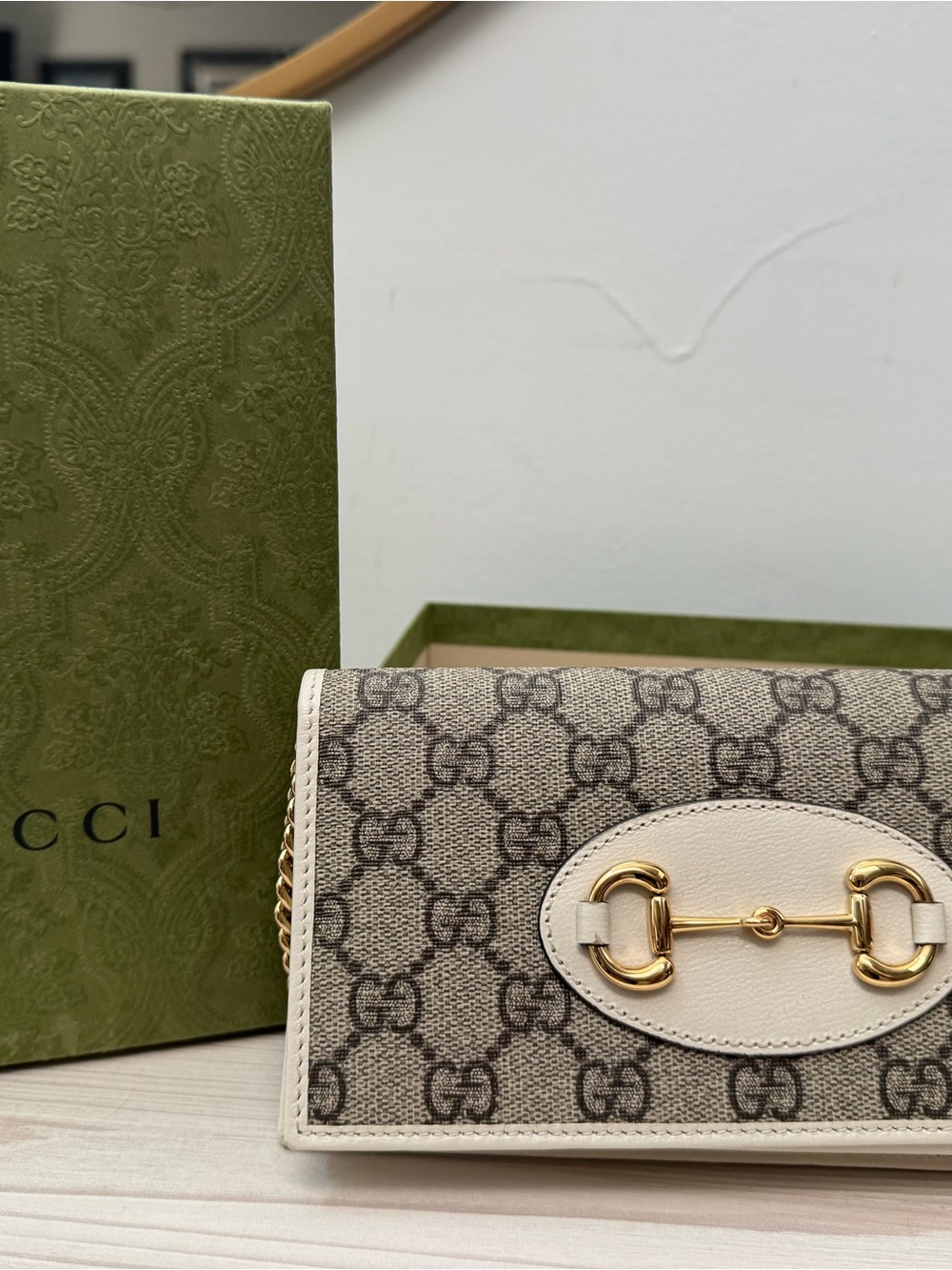 Gucci Beige GG Canvas Wallet with Ivory Leather & Gold Horsebit